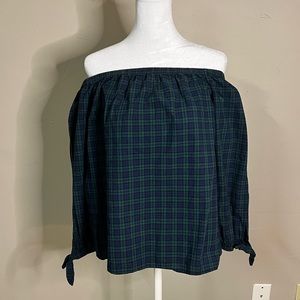 Off-the-Shoulder Vineyard Vines Navy and Green Plaid Blouse